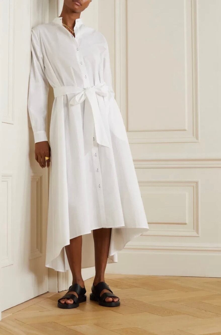 SALONI Inez Belted Pleated Maxi Shirt Dress White Cotton Size US 4